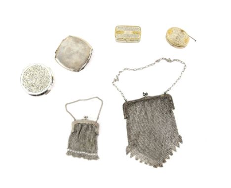 White metal Chain mail evening bag with  matching purse, a Victorian finely engraved card case purse,  two Indian white metal