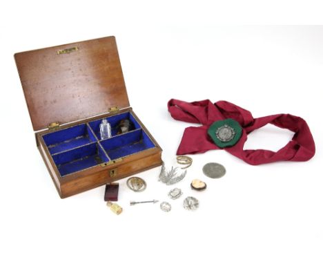 Wooden sewing box, including silver paste set buckle brooch, marcasite bird set brooch, perfume bottle and tortoiseshell case