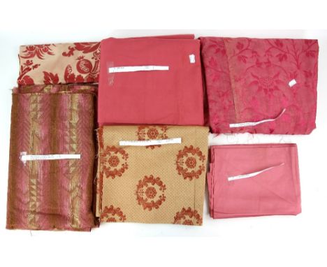 19th century silk part pink floral curtain or cover sewn from panels 3m x 1.18m, woven fabric in pink and gold with triangle 