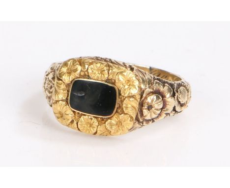 George III mourning ring, the black enamel head with a flower head shank, the internal inscription Thomas Falcom Obi 25 Feb 1