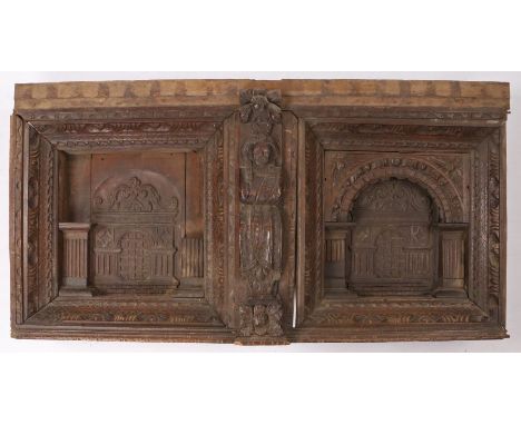 James I Oak overmantel/ Bed Headboard, English, circa 1620, having twin deeply recessed panels with carved architectural faça