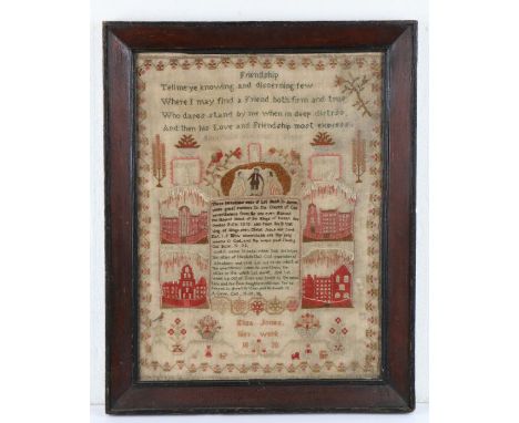 William IV 19th Century sampler, titled Friendship with a poem above a scene depicting an elderly man with walking stick by t