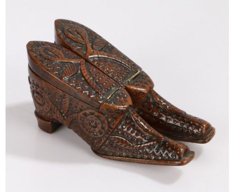 Rare dated 19th Century treen dual shoe snuff, the pair of shoes with a pique work and carved flowers and chip carved, the hi