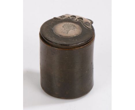 19th Century leather and white metal Scottish snuff box, the cylinder body with a hinged lid and a set tablet etched with a w