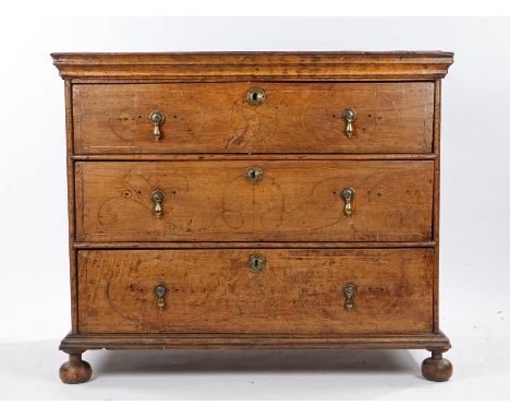 English oak and fruitwood inlaid chest of drawers, circa 1700/1720 the rectangular top above a long drawer inlaid with a cent