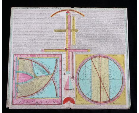 Tobias Conrad Lotter, coloured engraving, "Novissimum Astronomiae Geographiae...", dated 1749, with central depictions of sci