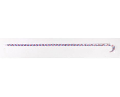 19th Century Nailsea glass walking stick, with a blue and white and red spiral centre and arched handle top, 101cm long&nbsp;