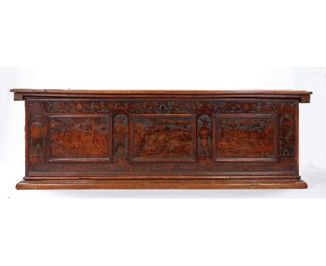 16th Century Venetian cedar or Cypress wood cassone or bridal chest, the rectangular hinged lid opening to reveal a richly co