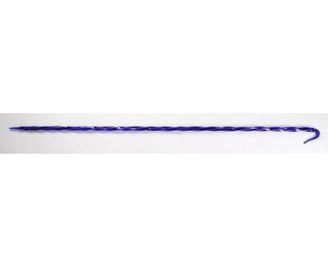 19th Century Nailsea glass walking stick, in the form of a shepherds crook, with a blue spiral cane and arched handle top, 17