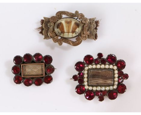 19th Century mourning jewellery, to include a hair, pearl and garnet brooch inscribed to the reverse In memory of B Caddy Obt