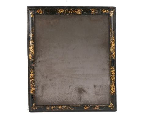 Queen Anne black and gilt Japanned mirror, circa 1710, probably the original mirror plate, within a slender cushion-moulded f