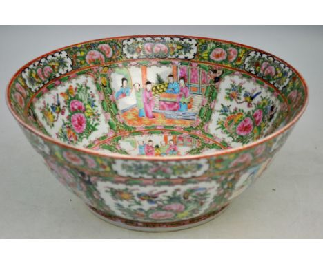 A Canton, famille rose bowl, decorated with typical panels depicting Natural History subjects, and Manchu/Chinese figures; 33