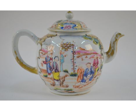 A famille rose teapot and domed cover with knop finial, decorated with Manchu/Chinese figures seated on a terrace, 21 cm wide