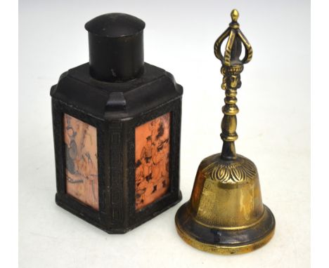 A metal ghanta with typical vajra finial, 20cm high; and a metal tea caddy of square section with four glazed panels illustra