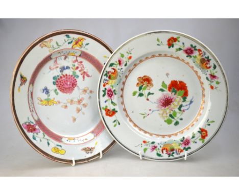 Two famille rose dishes; each one decorated with floral designs, 23cm diameter, both Qianlong (2) Condition Report Some deter