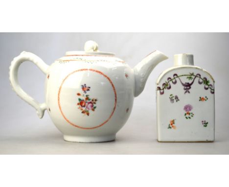 Two pieces of famille rose: a teapot with circular cover and peach finial, decorated with floral designs, 22cm long; and a te