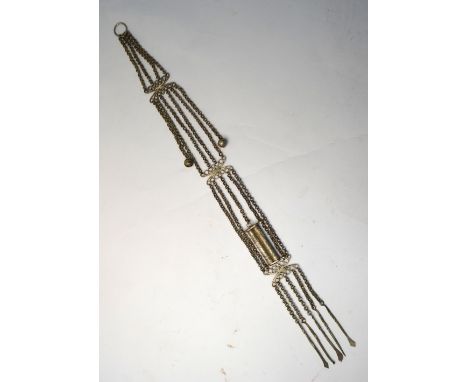 A Peranakan, or other Chinese, white metal Chatelaine; with cylindrical suspension ring and chain design, 52.5 cm long, 20th 