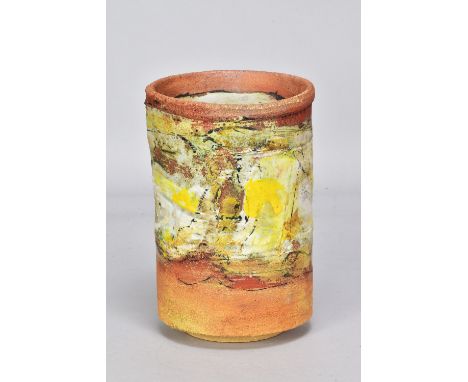 ROBIN WELCH (1936-2019); a cylindrical stoneware vessel with yellow enamel decoration on patchy white ground, impressed RW ma