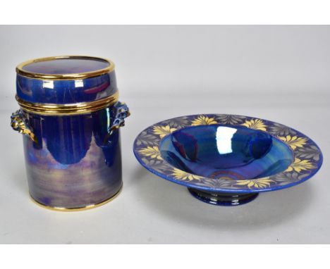 TOBIAS HARRISON (born 1950); an earthenware bowl with wide rim covered in blue, gold and silver lustre, incised signature, ye