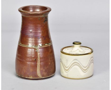 DAVID LEACH (1911-2005) for Lowerdown Pottery; a tapered stoneware vase with incised decoration on kaki ground, impressed DL 