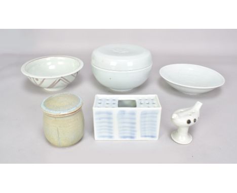 NIGEL WOOD (born 1947) for Meon Pottery; a group of ceramics including a large porcelain box and cover, bowl, flower holder, 