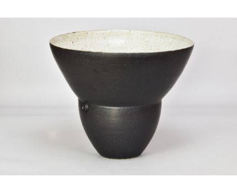 DAVID LLOYD JONES (1928-1994); a stoneware open vessel with applied decoration, black glaze to exterior, speckled grey glaze 
