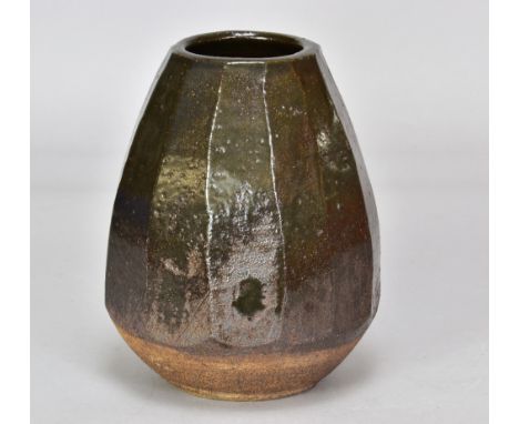 JANET LEACH (1918-1997) for Leach Pottery; a cut sided stoneware vase covered in tenmoku glaze, impressed JL and pottery mark