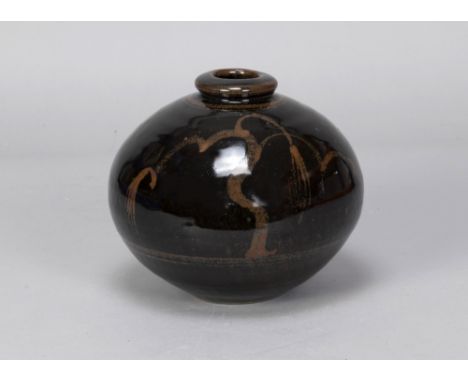 DAVID LEACH (1911-2005) for Lowerdown Pottery; a globular stoneware vase covered in tenmoku glaze with willow tree motif pick