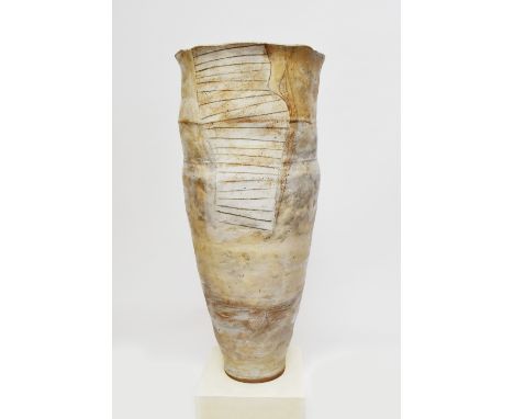 ROBIN WELCH (1936-2019); a monumental stoneware vessel with incised decoration on white and buff ground, height 104cm, and a 
