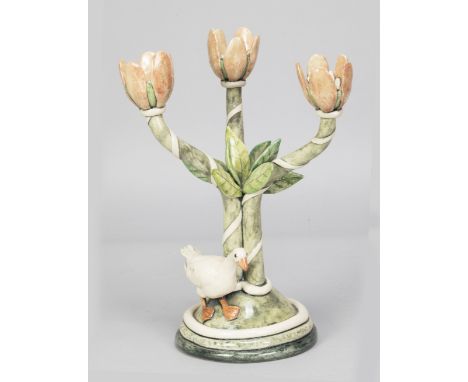 ANNA LAMBERT (born 1957); an earthenware triple candlestick with a goose, incised signature, height 30cm. (D)Additional Infor