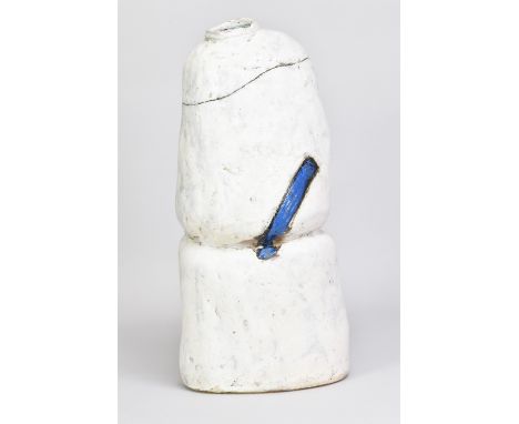ROBIN WELCH (1936-2019); a tall stoneware vessel covered in white pigment with blue enamel stripe, height 49cm. (D)Additional