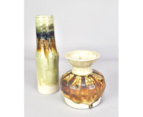 ERIC JAMES MELLON (1925-2014); two stoneware vases covered in pear ash kinetic glaze, one with copper oxide, painted signatur