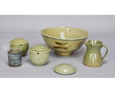 Leach Pottery; a stoneware Z bowl, impressed pottery mark, diameter 24cm, and a pair of jam pots and covers (plus spare cover