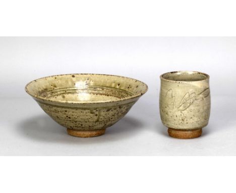 JIM MALONE (born 1946); a stoneware open bowl covered in green ash glaze with incised decoration, impressed JM mark, diameter