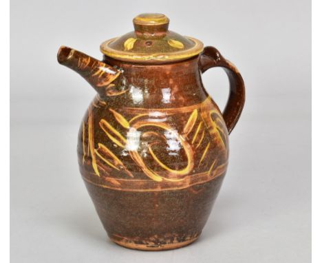 MICHAEL CARDEW (1901-1983) for Winchcombe Pottery; a slipware coffee pot with yellow brush decoration on chestnut ground, imp