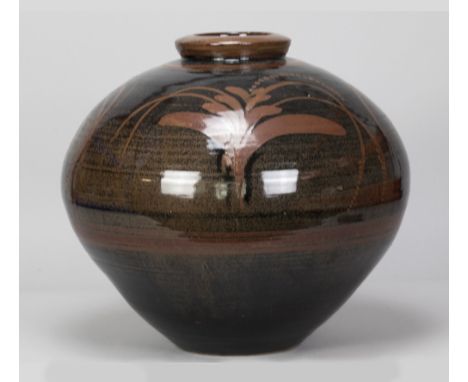 DAVID LEACH (1911-2005) for Lowerdown Pottery; a large globular stoneware vase covered in tenmoku glaze with foxglove motifs 