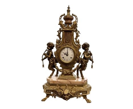 Imperial - 20th century continental 8-day brass and marble mantle clock, with an enamel dial, Roman numerals and pierced gilt