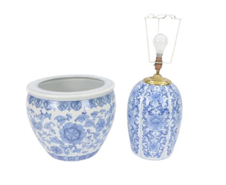 20th century Chinese blue and white fish bowl, the exterior decorated with trailing foliage and ruyi border, the interior wit