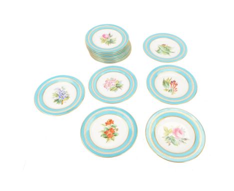 19th century English portrait dessert service, possibly Minton, comprising three comports, and twelve plates, each hand paint