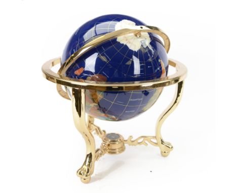 Polished hardstone terrestrial table globe, gimbal mounted on gilt metal stand, H50cm, boxed