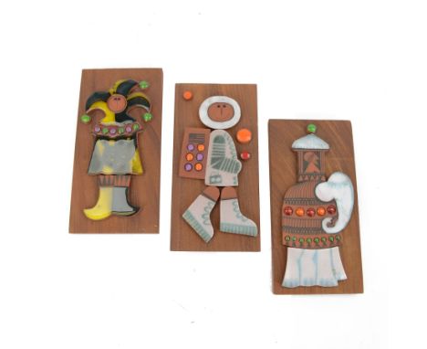 Three Hornsea Muramic handcrafted wall plaques, comprising Spaceman, Jester and Maharajah on Elephant, designed by John Clapp