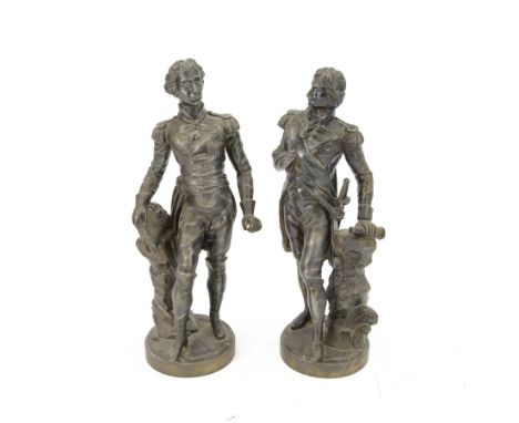 After S. Kinsburger, pair of early 20th century bronzed cast brass figures, depicting Nelson and Wellington, each wearing ful