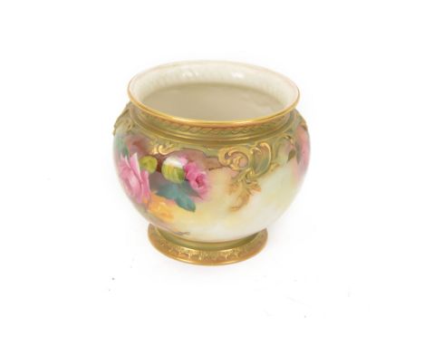 Early 20th century Royal Worcester jardiniere, painted  with pink and yellow roses amongst green foliage, signed A. Chidley w