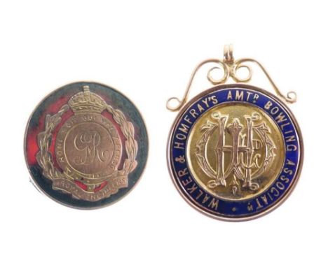 Walker and Homfray's Amateur Bowling Association 9ct gold and enamel bowling medal Birmingham,1921, sponsors mark for Fattori