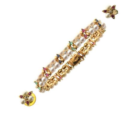 Cultured pearl, diamond, ruby, sapphire and emerald flower head-style motif bracelet, stamped '585', '14K', 'CEI', the twelve