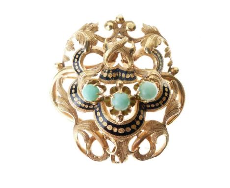 French 19th Century gold brooch, of scroll and leaf form, black enamel detail, three amazonite beads to the centre, control m
