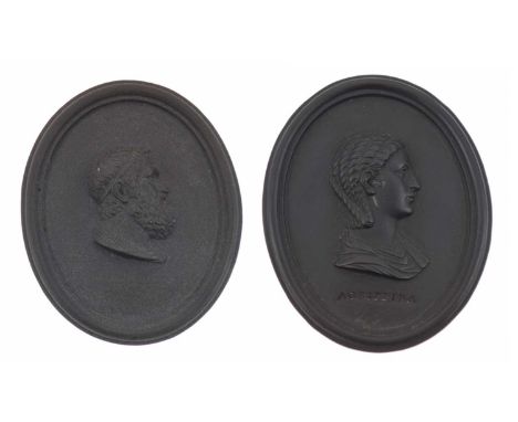 Wedgwood and Bentley black basalt oval medallion, relief moulded with a named portrait of Agrippina within stepped frame, cir
