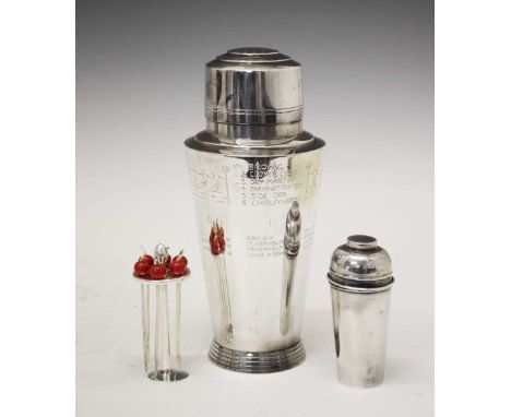 Keith Murray for Mappin &amp; Webb Art Deco style silver plated cocktail shaker of cylindrical form, the exterior with cockta