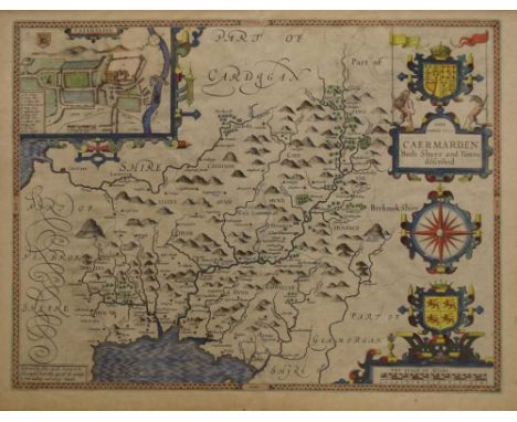 John Speed, 17th Century hand-coloured engraved map of Carmarthenshire: Caermarden Both Shyre and Towne described Anno Domini