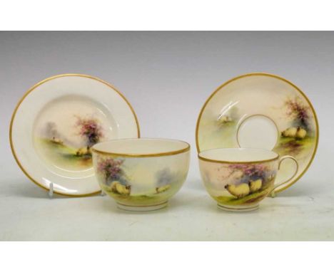 Royal Worcester - Small collection of porcelain tea wares, gilded and painted with sheep in a landscape with blossom by Ernes